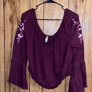 Maroon off the shoulder crop top with flower sleeves